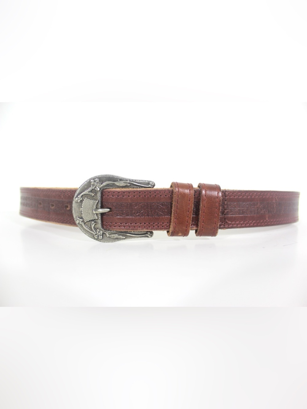 Thick Tooled Brown English Bridle Leather Belt with Silver Metal Buckle Unisex